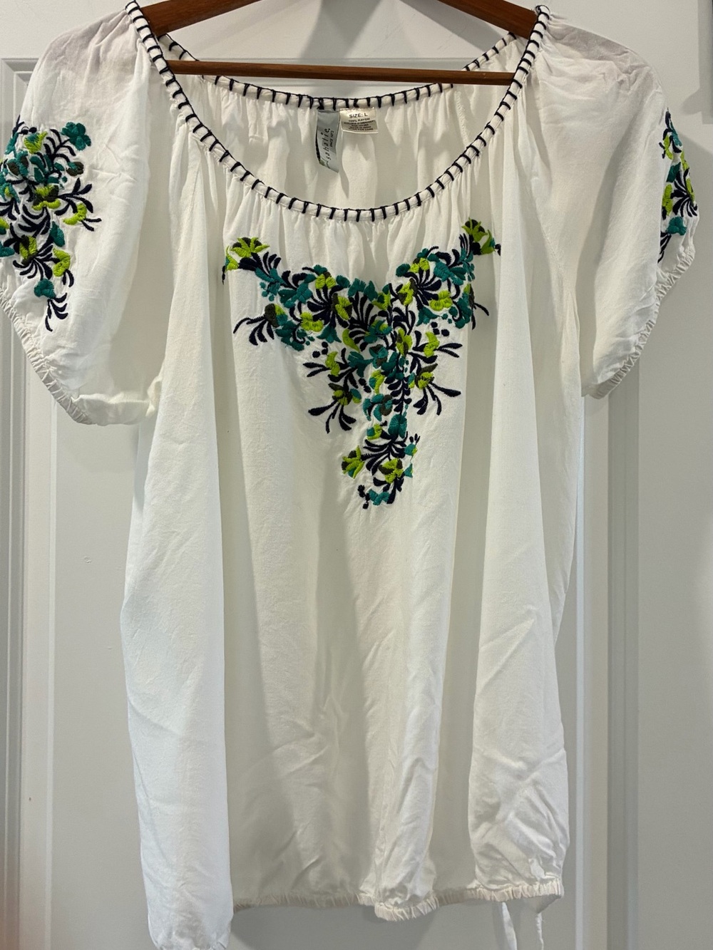sahalie Large White Peasant Blouse with Teal, Navy & Lime Embroidery